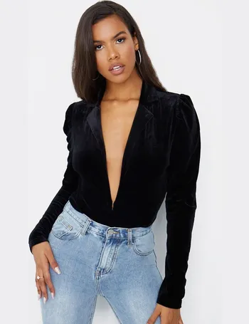 black velvet deep plunge bodysuit