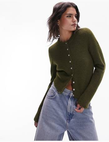 Topshop knitted plated boyfriend long line boucle cardigan in khaki