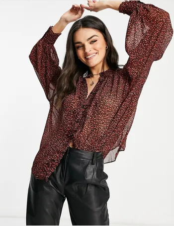 Mango leopard print long sleeve mesh detail top in brown