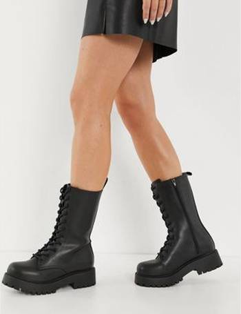 monki leandra faux leather chunky lace up boots in black