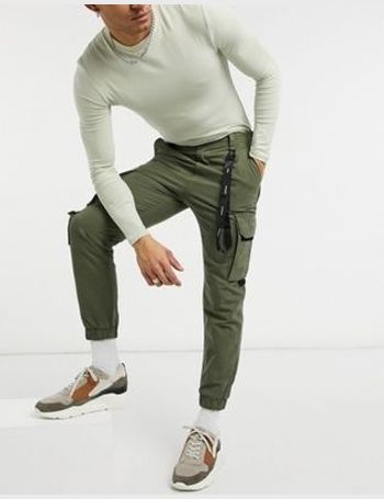 Bershka cargo trousers in khaki with belt