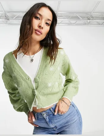 mango floral embroidered twinset cardigan in sage