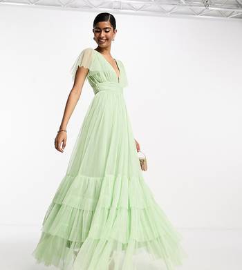 Lace & Beads exclusive off shoulder tulle tiered maxi dress in sage green