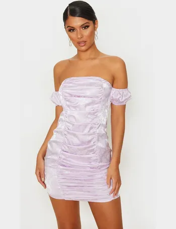 purple jacquard floral strappy back ruched bodycon dress