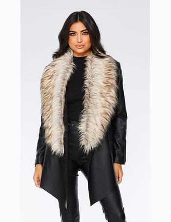 quiz checked faux fur trim jacket