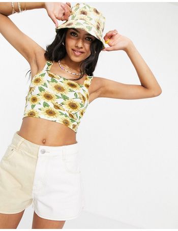 Monki crop top with cut outs and drawstring front in swirl print