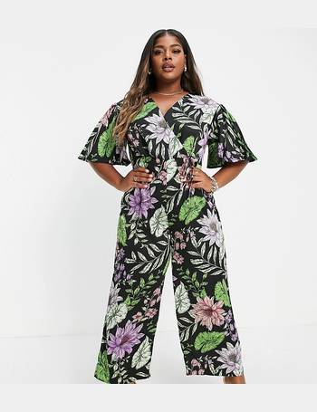 Liquorish Womens Wrap Jumpsuit with Long Sleeves and Wide Leg in Abstract Green Animal Print 