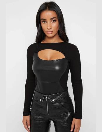 Maniere De Voir black faux leather body suit. White - Depop