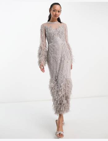 ASOS EDITION embellished crystal long sleeve midi dress with faux feather  cuffs in blush