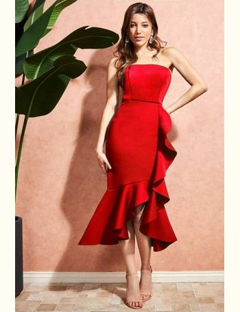 Goddiva Scalloped Lace High Low Midi Dress - Red - Sale from Yumi UK