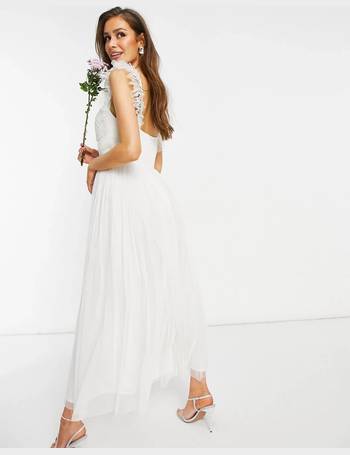 Anaya with love tulle plunge neck maxi dress with 2024 ruffle sleeve and satin trim in white