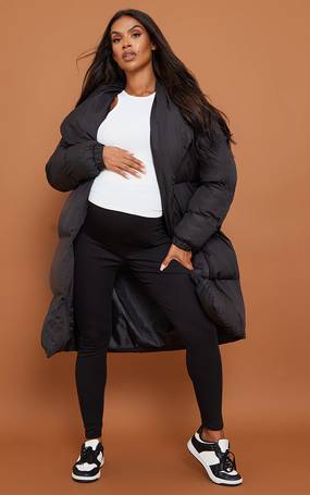 Plus Black Oversized Collar Belted Longline Puffer