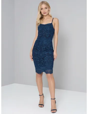 Cami Strap Floral Lace Bodycon Ruffle Hem Dress in Navy