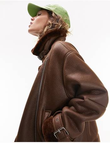 TOPSHOP Faux Shearling Aviator Jacket With Borg Lining in Brown