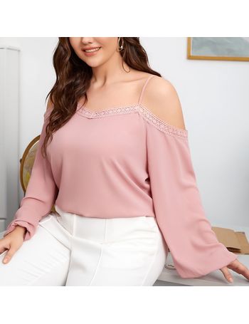 Shein Plus Tassel Trim Cold Shoulder Blouse - Pink Shop