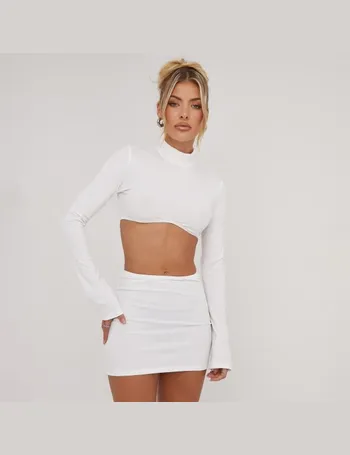 Long Sleeve Cross Back Detail Crop Top And Knot Detail Mini Bodycon Skirt  Co-Ord Set In White Slinky