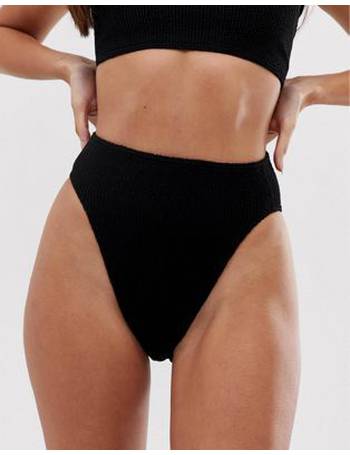 ASOS DESIGN mix and match crinkle high leg high waist thong bikini bottom  in black