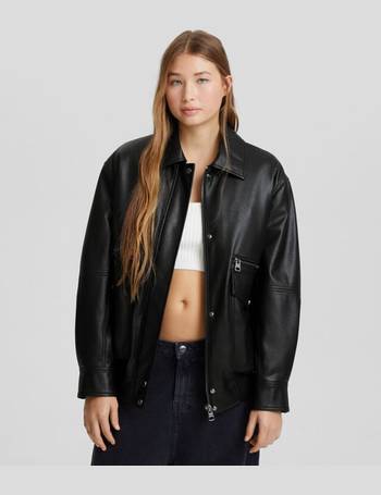 Bershka washed faux leather bomber jacket in black