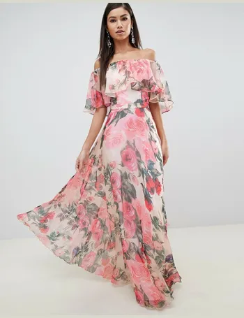 forever unique pink printed bardot midi dress