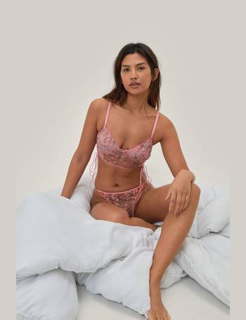 Lace Trim Mesh Plunging Bralette and High Leg Panty Set