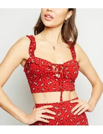 red ditsy floral frill detail crop top