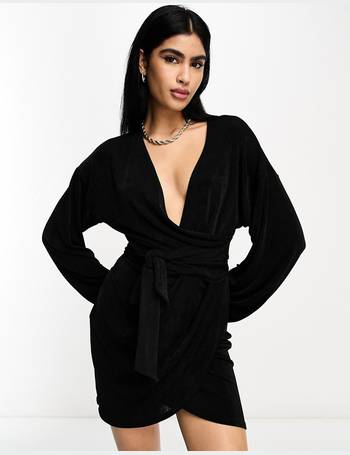 ASOS DESIGN wrap slinky blouson sleeve dress in black