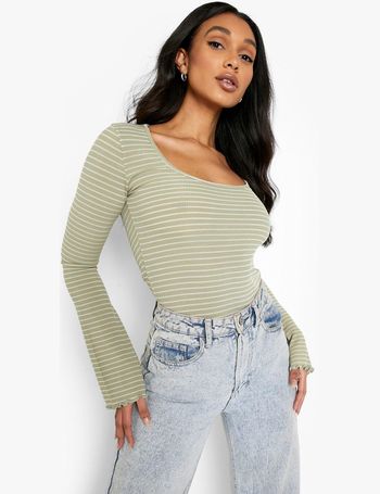 Buy Boohoo Ribbed Notch Neck Long Sleeves Striped Bodysuit Top In