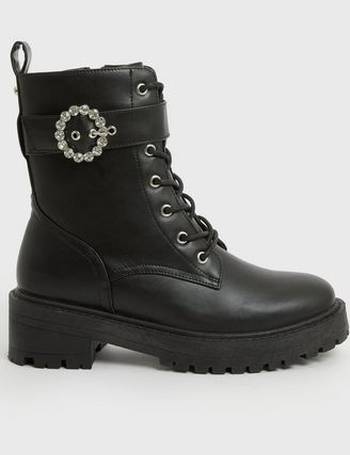 Black Buckle Lace Up Chunky Biker Boots