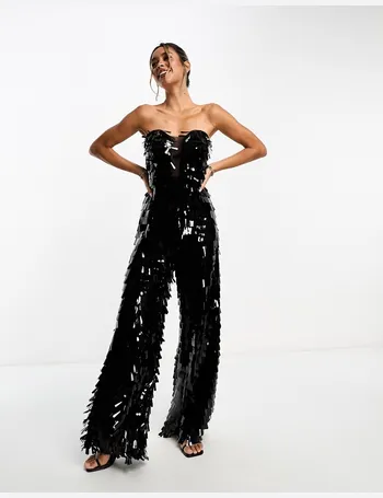 ASOS DESIGN corset jumpsuit with diamante fringe detail in black