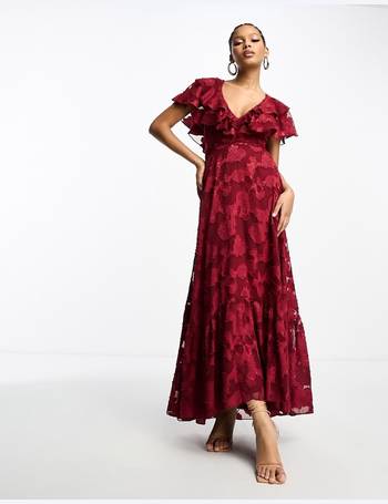 ASOS DESIGN long sleeve ruffle maxi dress in satin and chiffon mix in red