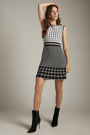 Brushed Jacquard Mono Houndstooth Knit Tunic Sweater | Karen Millen