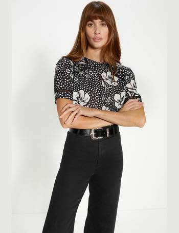 Buy Oasis Woven Broderie Frill Sleeves Rib Top In Black