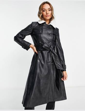 Longline Faux Leather Belted Coat in Black - Roman Originals UK