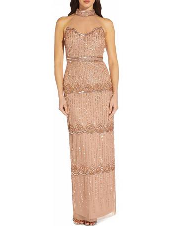 Adrianna Papell Women's Beaded Illusion Column Gown, Rose Gold, 0