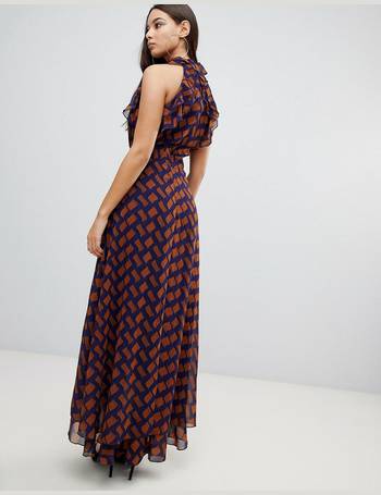 Prettylittlething sleeveless frill detail maxi dress on sale in chevron print