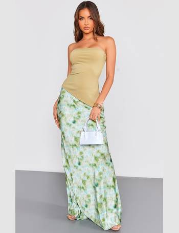 Olive Stretch Satin Split Side Maxi Skirt