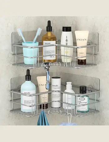 Rebrilliant 2 Pack Corner Shower Caddy,Strong Adhesive Shower Organizer Shelf with 8 hooks.Waterproof, Rustproof Wall-Mounted Shower Shelves for Bathroom,Dorm and