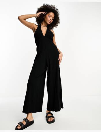 ASOS DESIGN leather look strappy wide leg jumpsuit in black