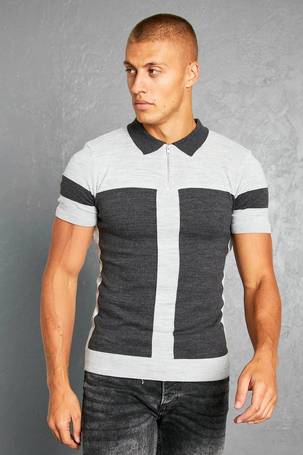 boohooMAN Long Sleeve Muscle Fit Colour Block Knit Polo