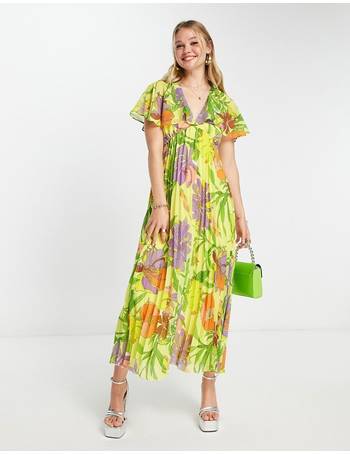 ASOS DESIGN twist waist cut out maxi dress with ruffle detail in green  watercolor floral print