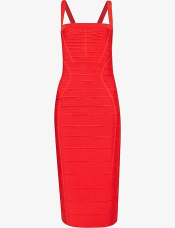 Herve Leger, Rasperry red bodycon dress with black stripe on the