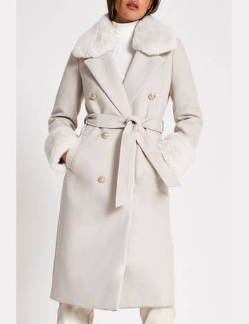 River Island Faux Fur Coats For Women, River Island Wrap Coat With Faux Fur Collar And Cuffs In Pink