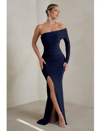 Club L London - UK Madeleine | Navy Fishtail Maxi Dress with Bardot Mesh Long Sleeves US 0 / Navy