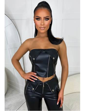 Unreal Black Faux Leather Diamond Tassel Crop Top