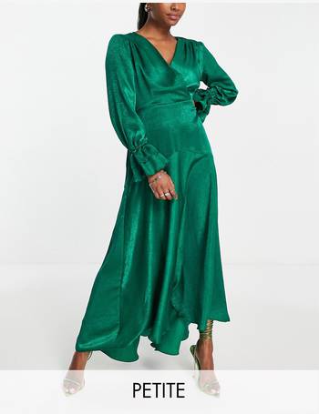 Flounce London Tall Satin Flutter Sleeve Midi Dress In Emerald  Jacquard-Green for Women
