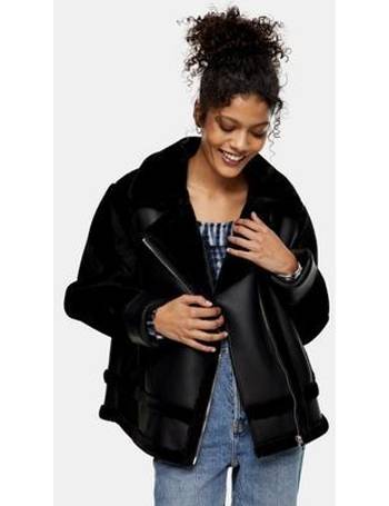 TOPSHOP Faux-leather Biker Jacket With Faux-fur Trim in Brown