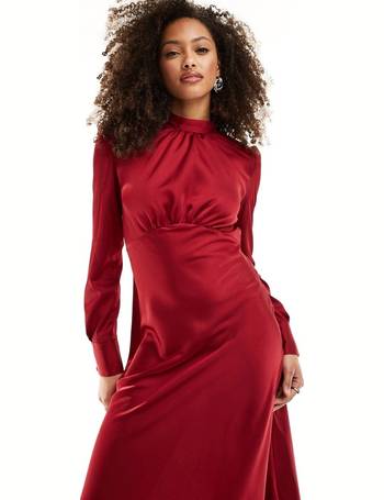 ASOS DESIGN satin high neck drape maxi dress with open back and high split  in wine