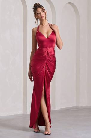 Flute Red Bodycon Maxi Dress With Ruched Ruffled Back – Club L