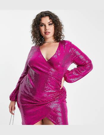 Flounce London Plus + Flutter Sleeve Maxi Dress With Plunge Front In Hot  Pink Satin