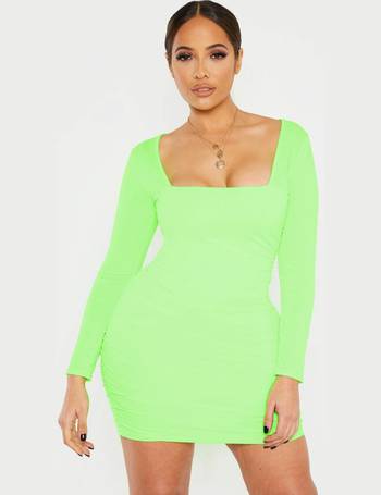 neon lime ruched front strappy bodycon dress